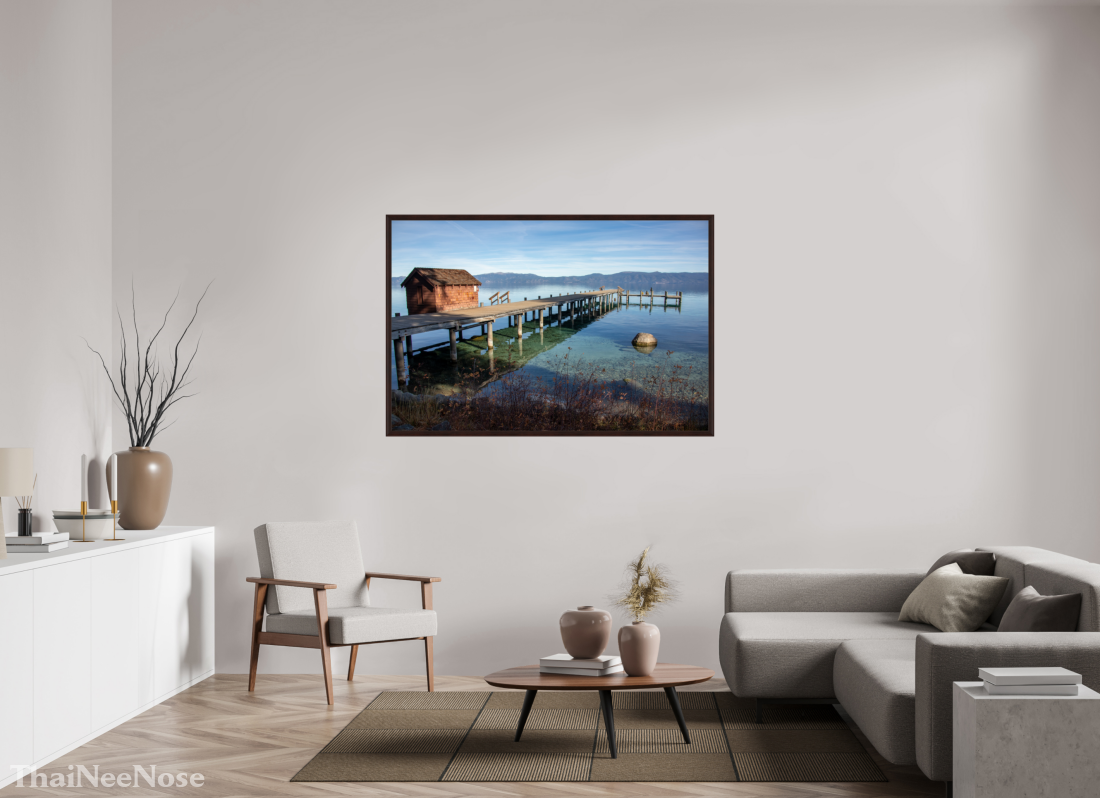 60 x 40″, Dark Brown Wooden Flame under Acrylic glass Lake Tahoe on the West Side