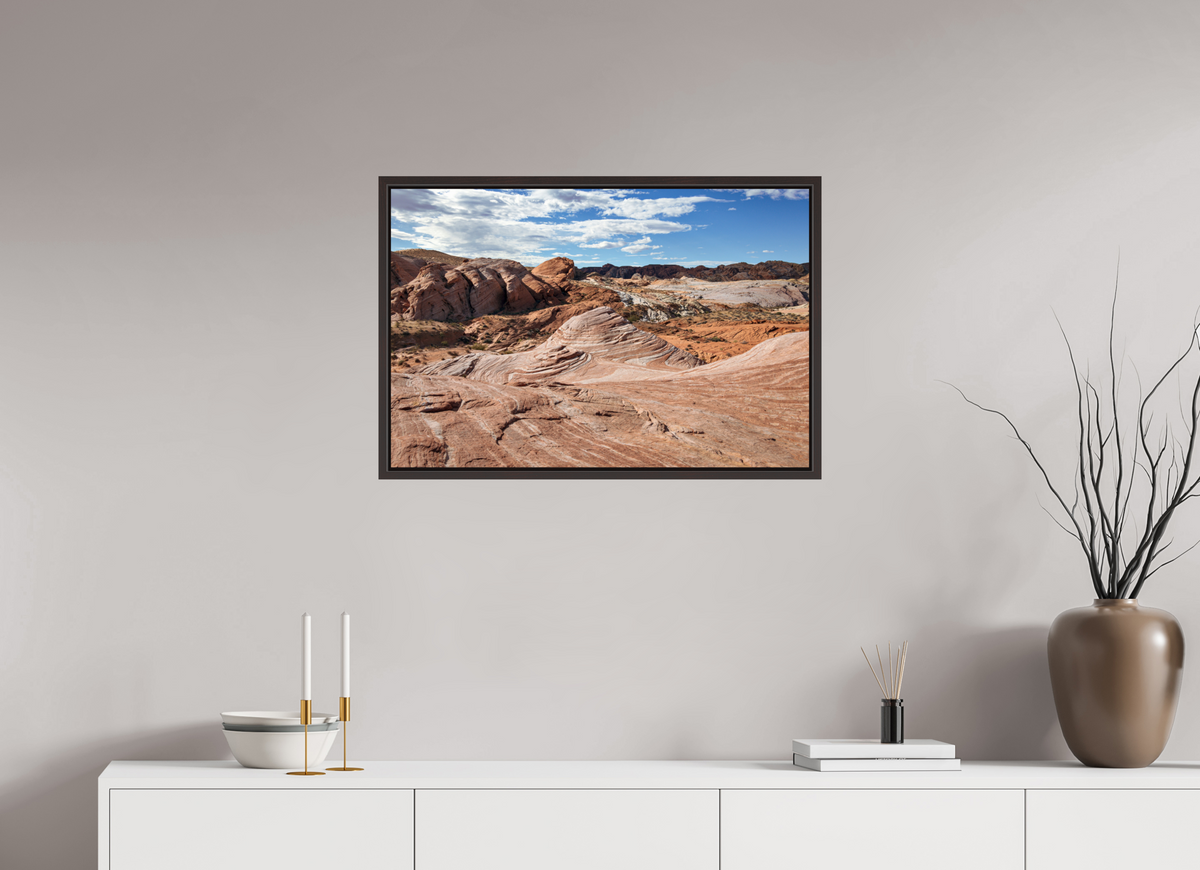 30 x 20″, Alder Brown Wooden Floater Frame Sandstone Formation at Fire Wave Trail