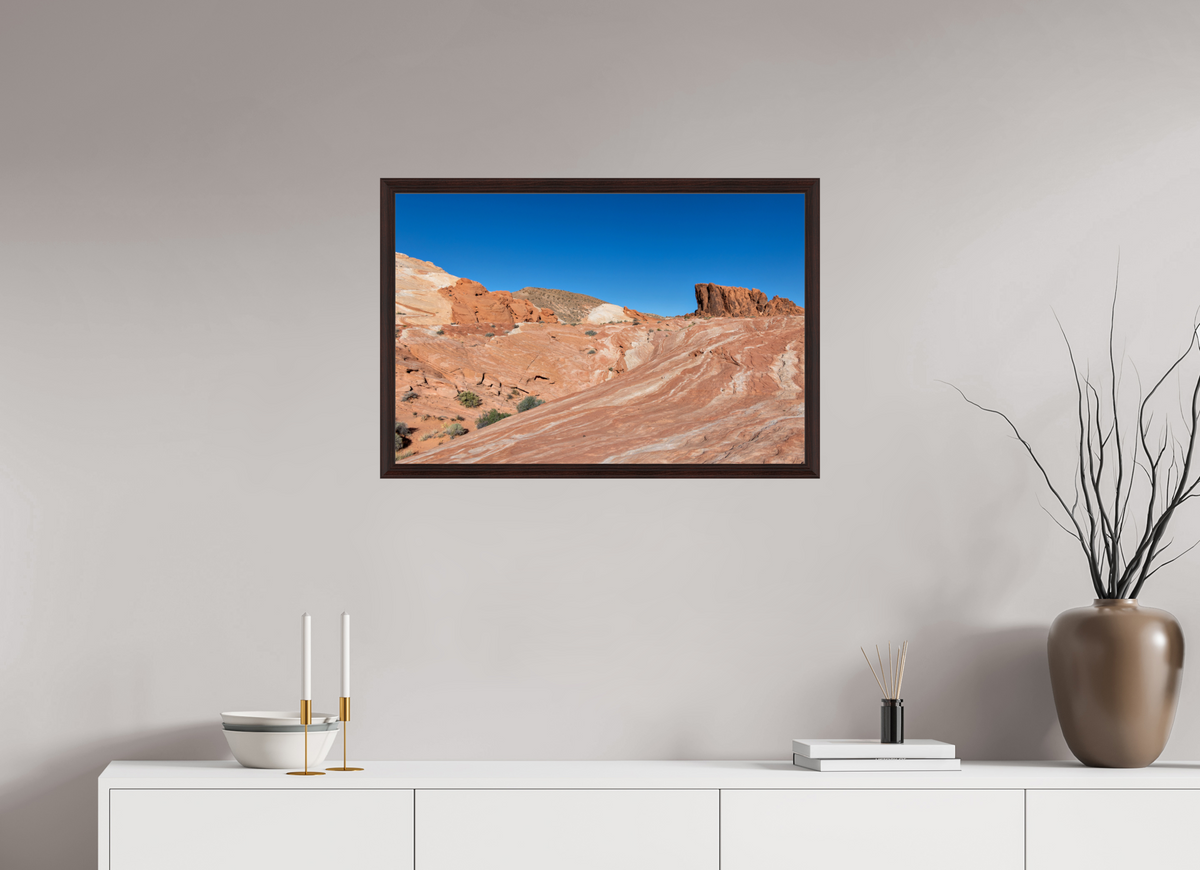 30 x 20″, Dark Brown Wooden Flame under Acrylic glass Sandstone Formation at Fire Wave Trail