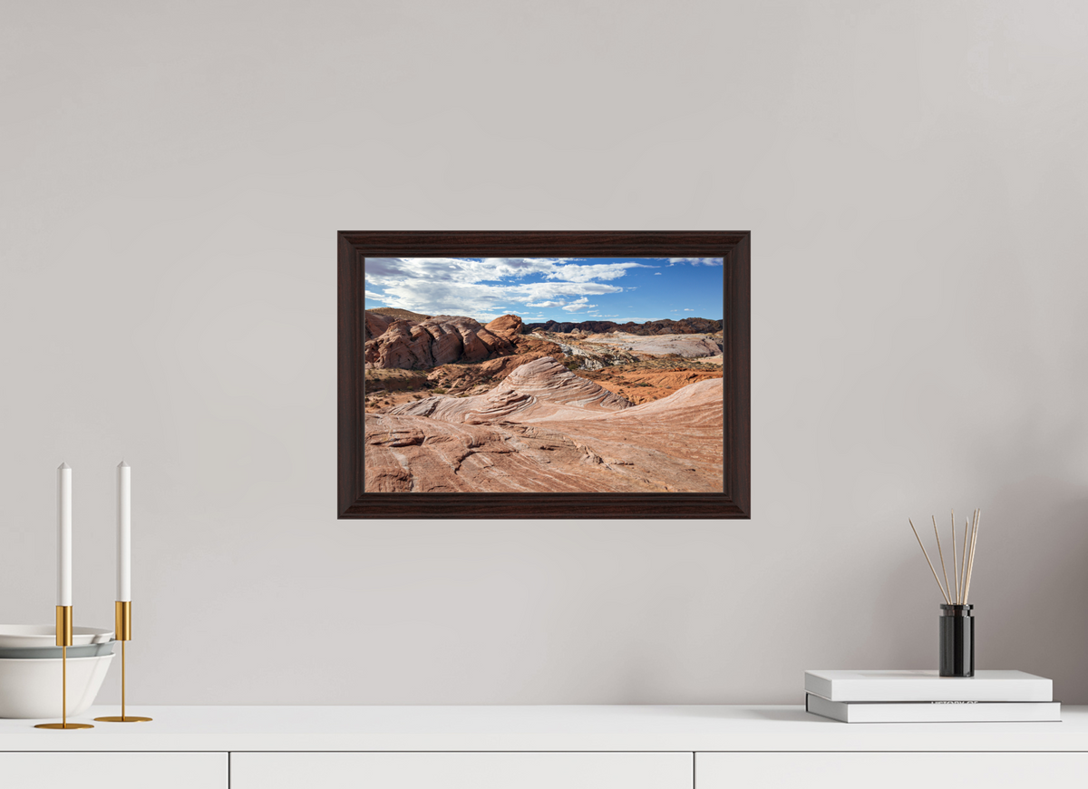 15 x 10″, Dark Brown Wooden Flame under Acrylic glass Sandstone Formation at Fire Wave Trail