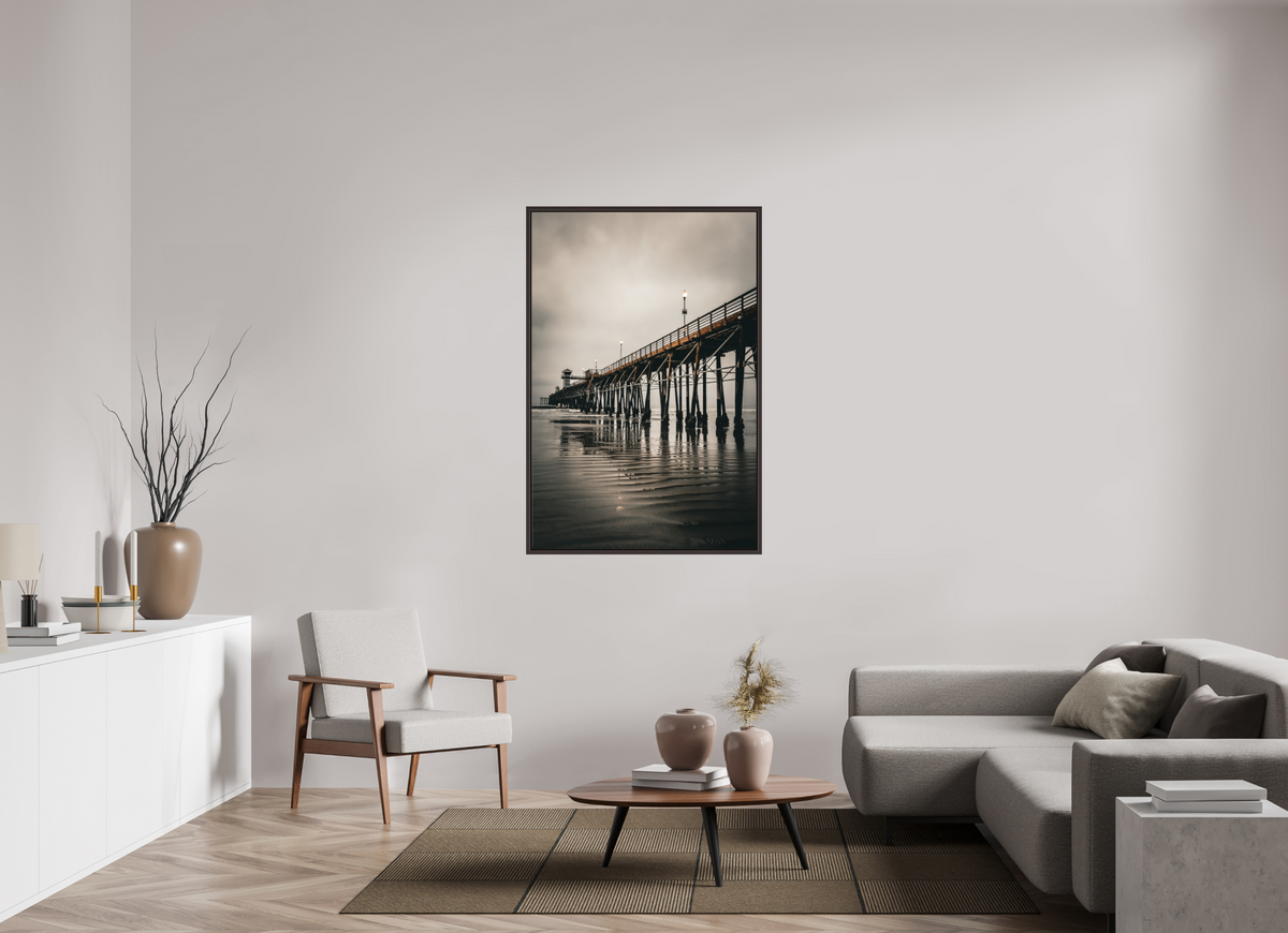 36 x 54″, Alder Brown Wooden Floater Frame Oceanside Pier in the Morning