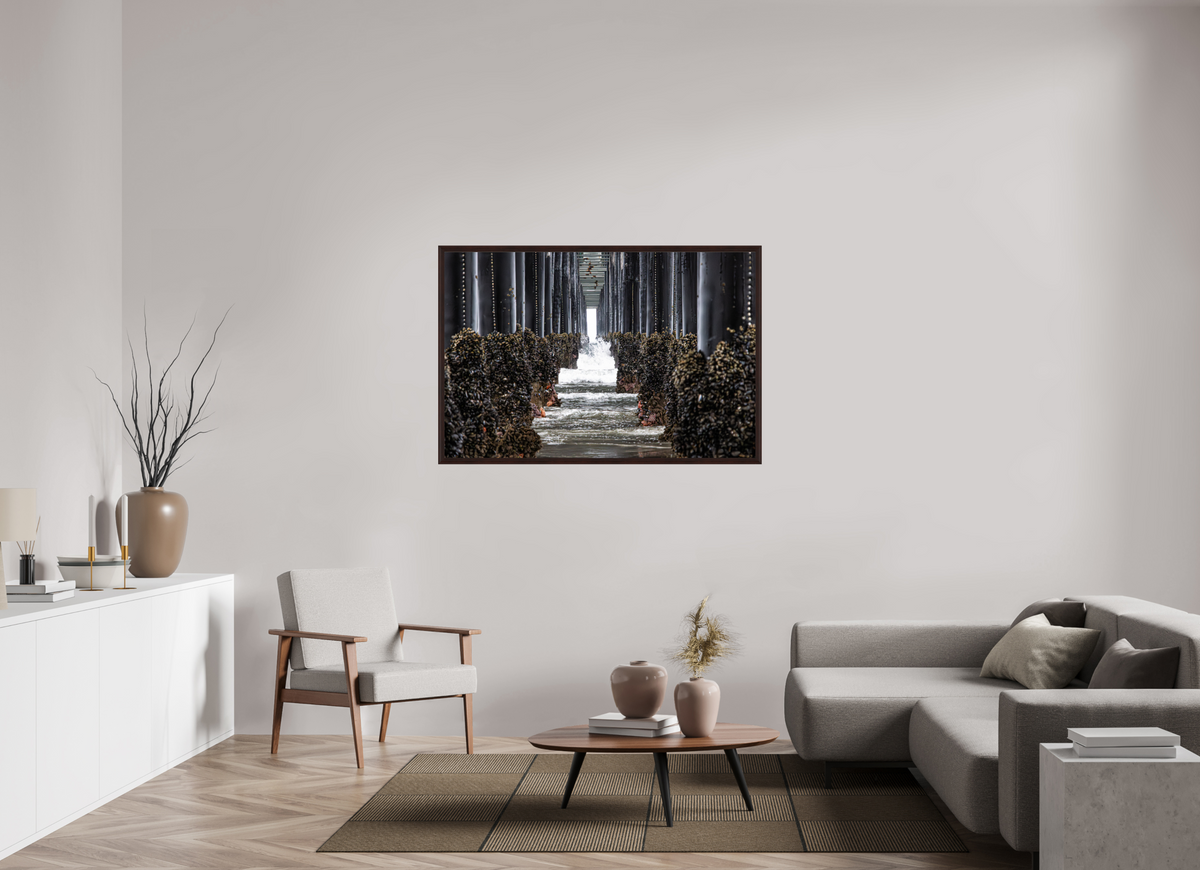 54 x 36″, Dark Brown Wooden Flame under Acrylic glass Under the Oceanside Pier