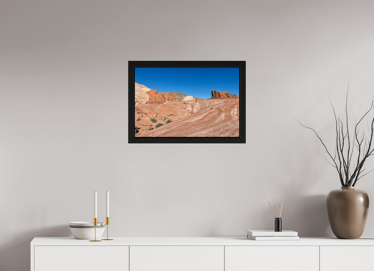 24 x 16″, Black Oak Wooden Flame under Acrylic Glass Sandstone Formation at Fire Wave Trail