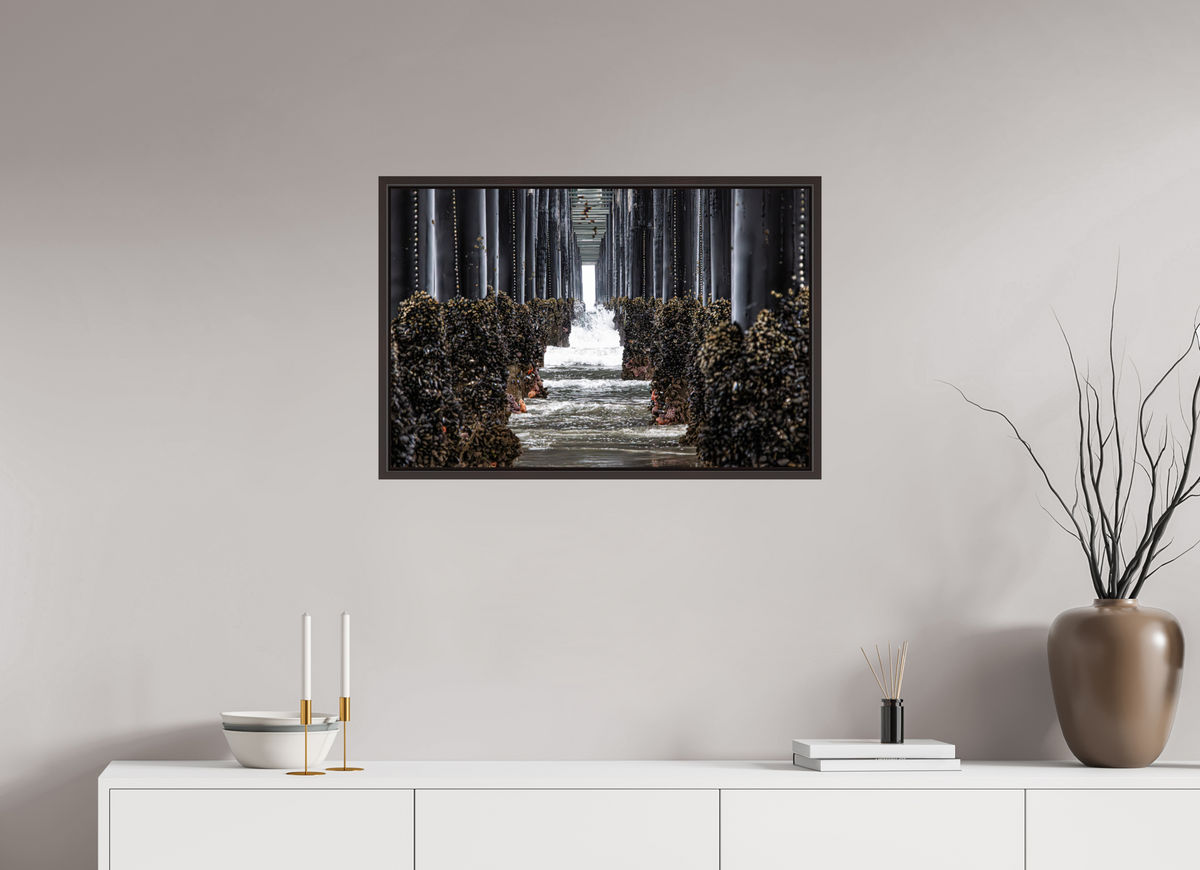 30 x 20″, Alder Brown Wooden Floater Frame Under the Oceanside Pier