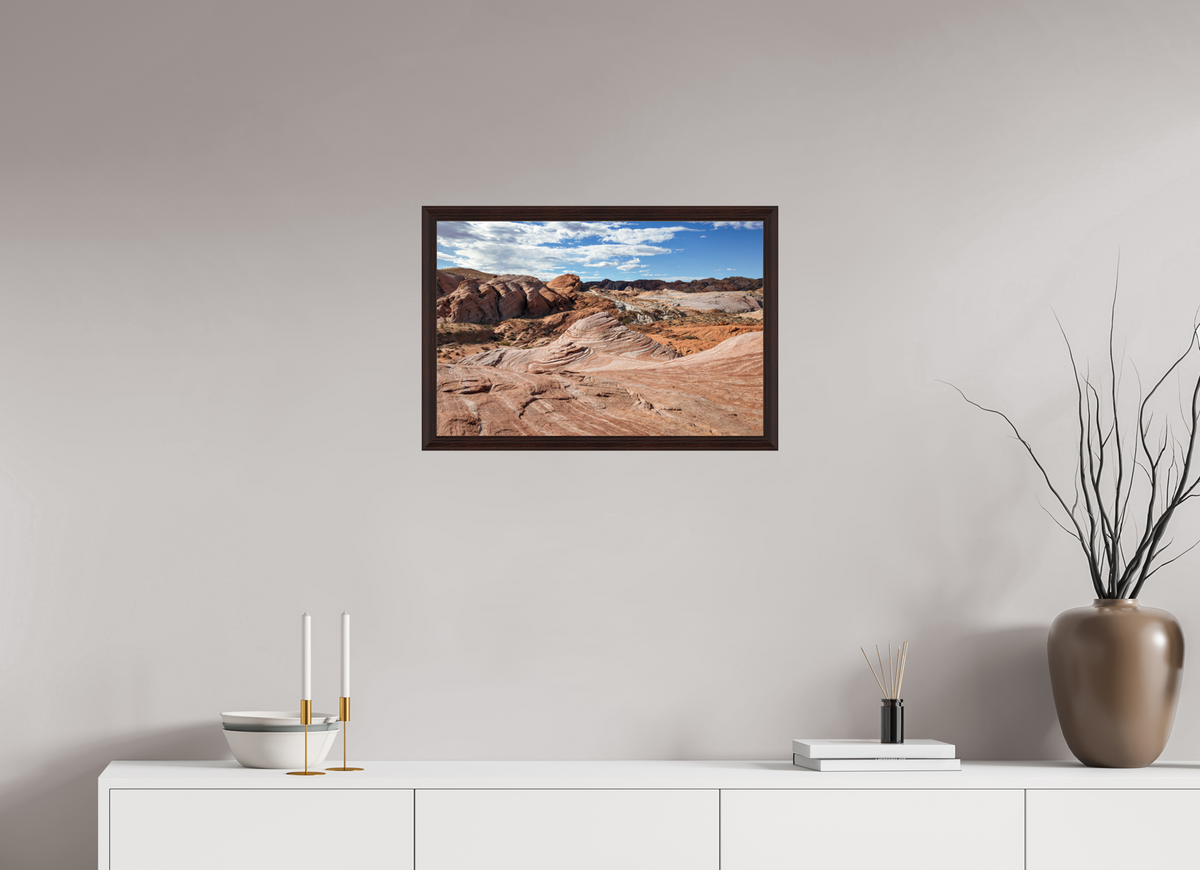 24 x 16″, Dark Brown Wooden Flame under Acrylic glass Sandstone Formation at Fire Wave Trail