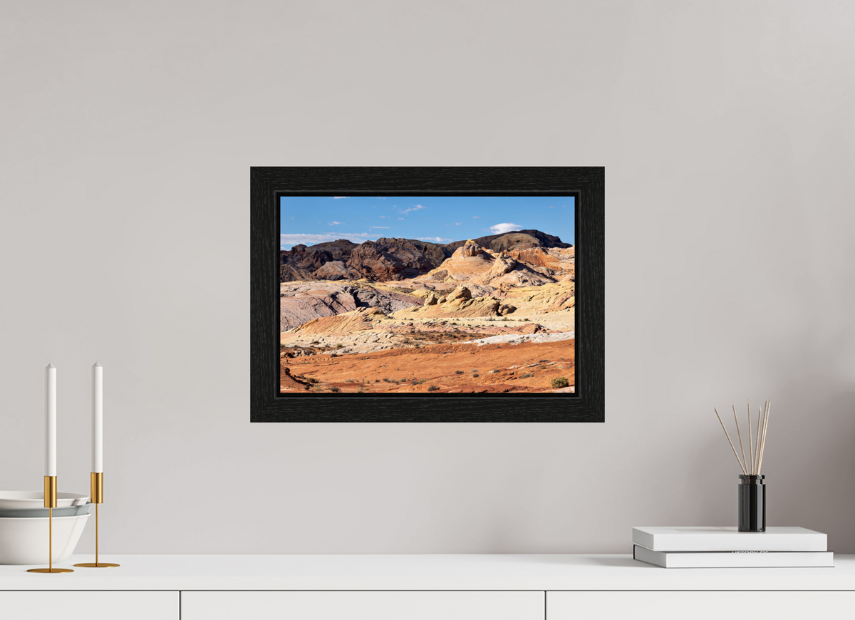 15 x 10″, Black Oak Wooden Flame under Acrylic Glass Sandstone Formation at Fire Wave Trail