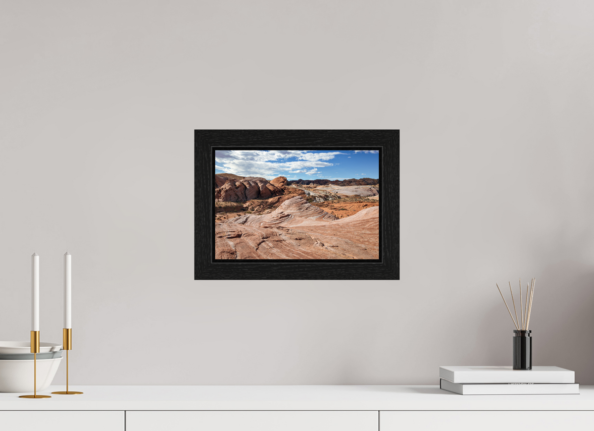 12 x 8″, Black Oak Wooden Flame under Acrylic Glass Sandstone Formation at Fire Wave Trail