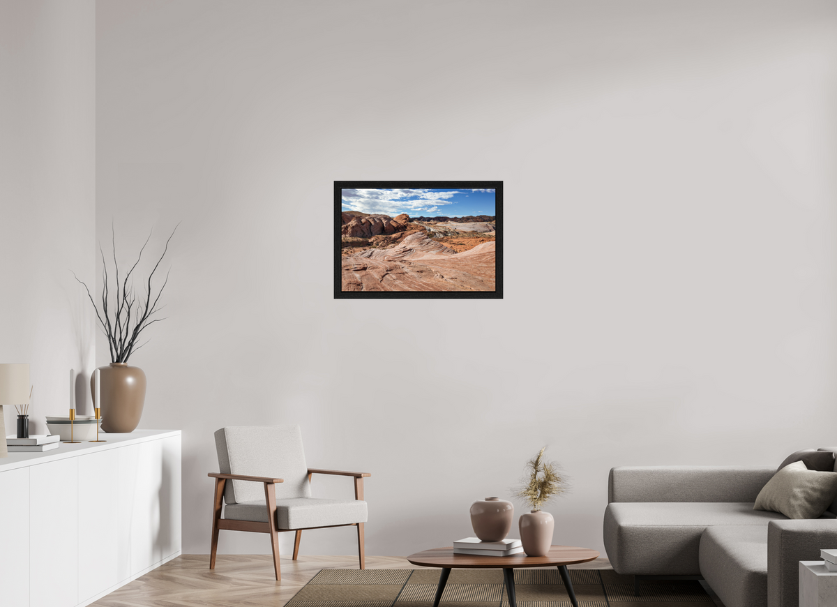 30 x 20″, Black Oak Wooden Flame under Acrylic Glass Sandstone Formation at Fire Wave Trail