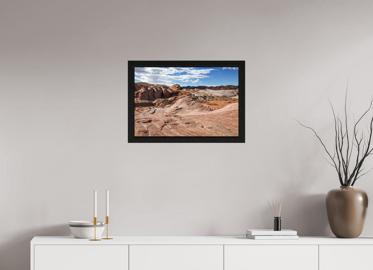 24 x 16″, Black Oak Wooden Flame under Acrylic Glass Sandstone Formation at Fire Wave Trail