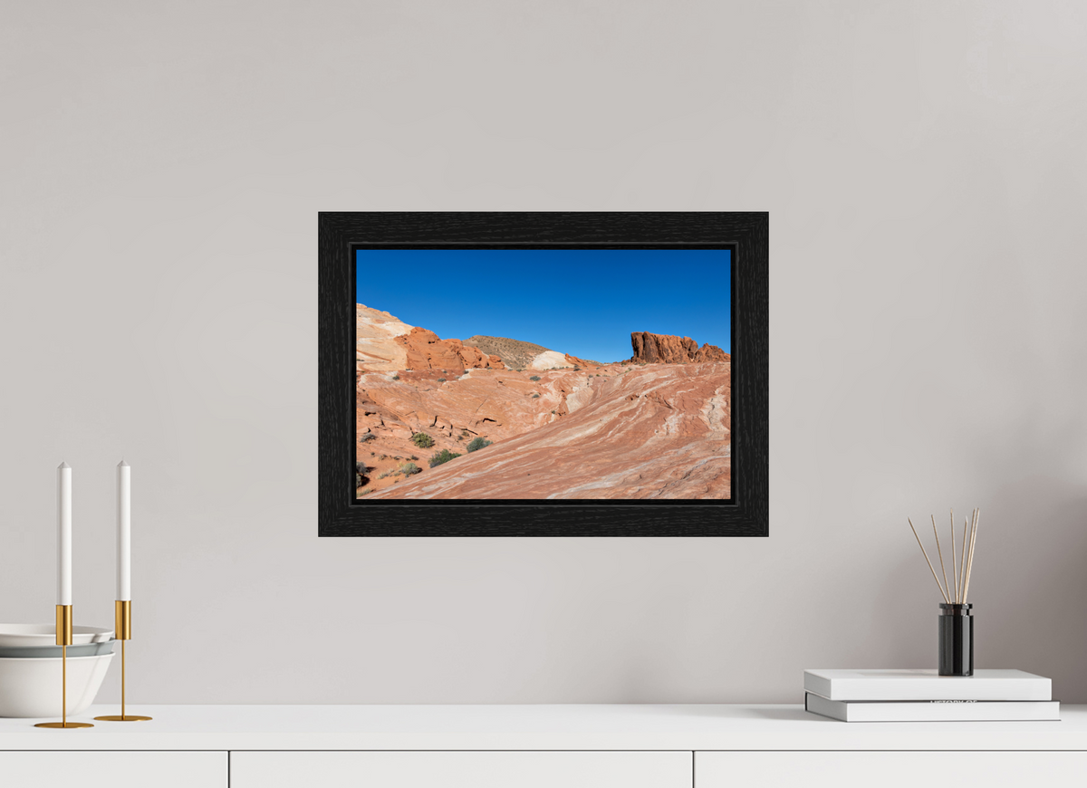 15 x 10″, Black Oak Wooden Flame under Acrylic Glass Sandstone Formation at Fire Wave Trail
