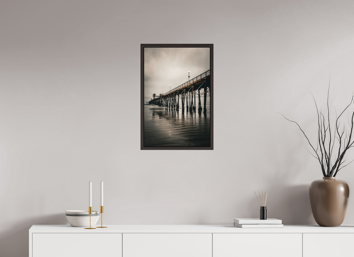 16 x 24″, Alder Brown Wooden Floater Frame Oceanside Pier in the Morning
