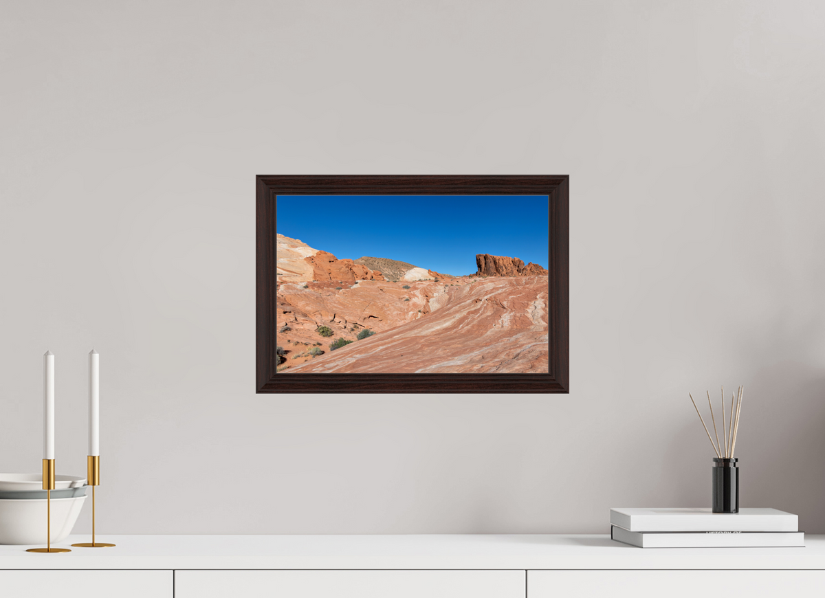 15 x 10″, Dark Brown Wooden Flame under Acrylic glass Sandstone Formation at Fire Wave Trail