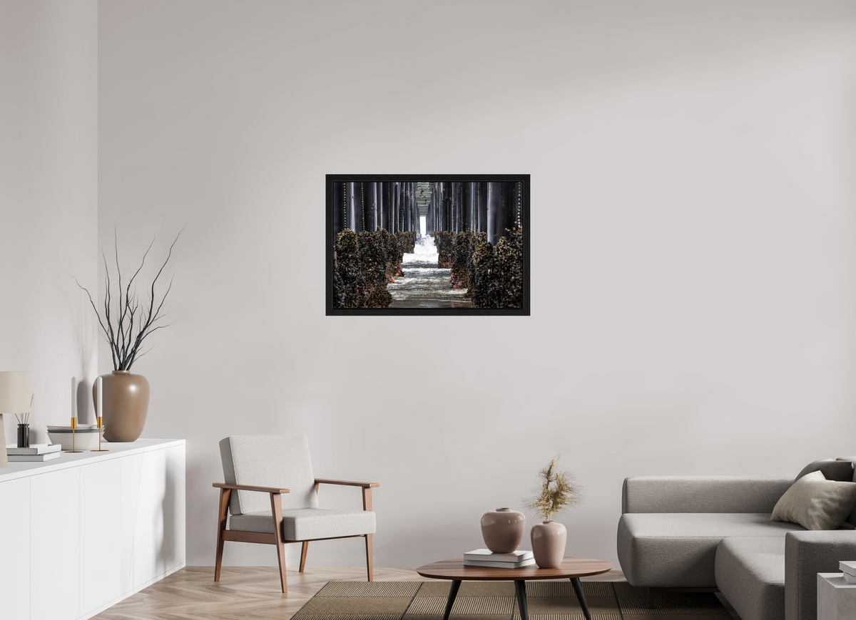 36 x 24″, Black Oak Wooden Flame under Acrylic Glass Under the Oceanside Pier