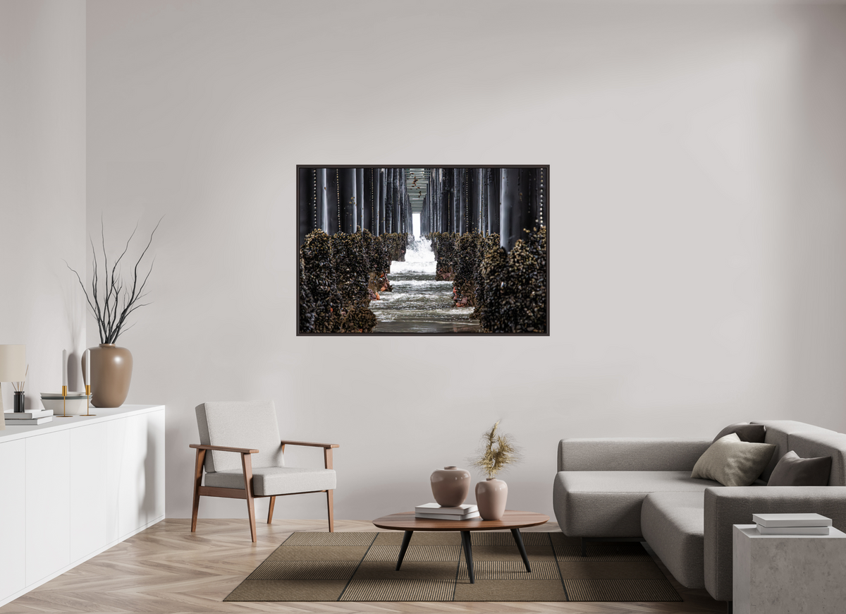 60 x 40″, Alder Brown Wooden Floater Frame Under the Oceanside Pier