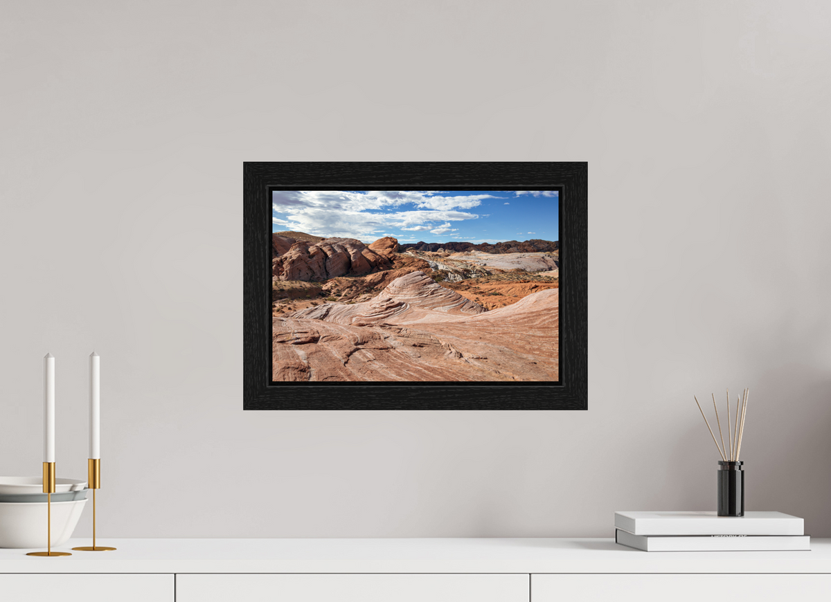 15 x 10″, Black Oak Wooden Flame under Acrylic Glass Sandstone Formation at Fire Wave Trail