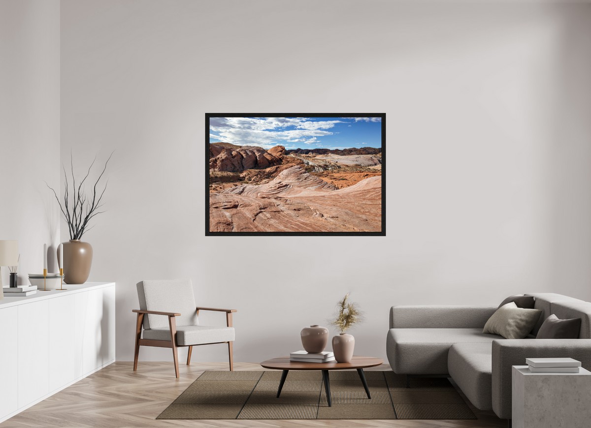 60 x 40″, Black Oak Wooden Flame under Acrylic Glass Sandstone Formation at Fire Wave Trail