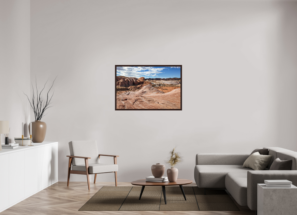 45 x 30″, Dark Brown Wooden Flame under Acrylic glass Sandstone Formation at Fire Wave Trail
