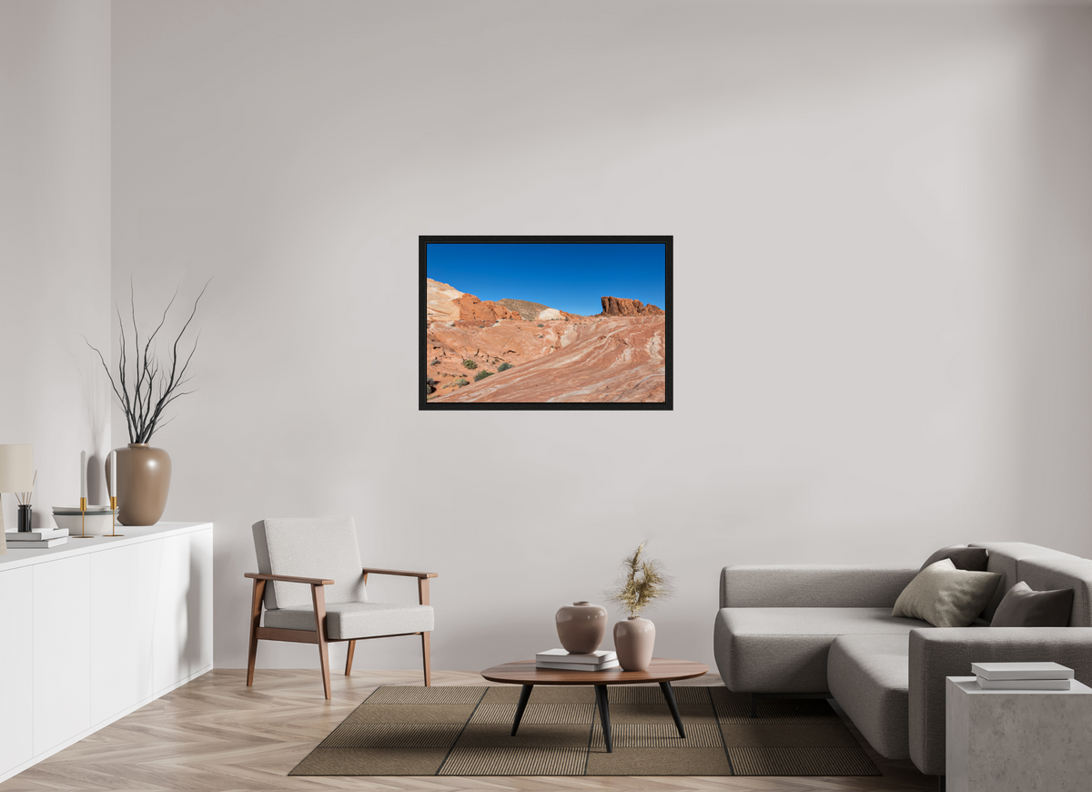 45 x 30″, Black Oak Wooden Flame under Acrylic Glass Sandstone Formation at Fire Wave Trail