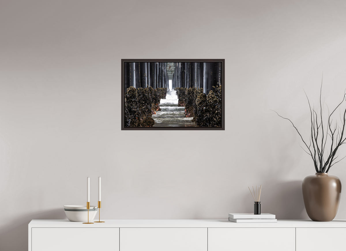 24 x 16″, Alder Brown Wooden Floater Frame Under the Oceanside Pier