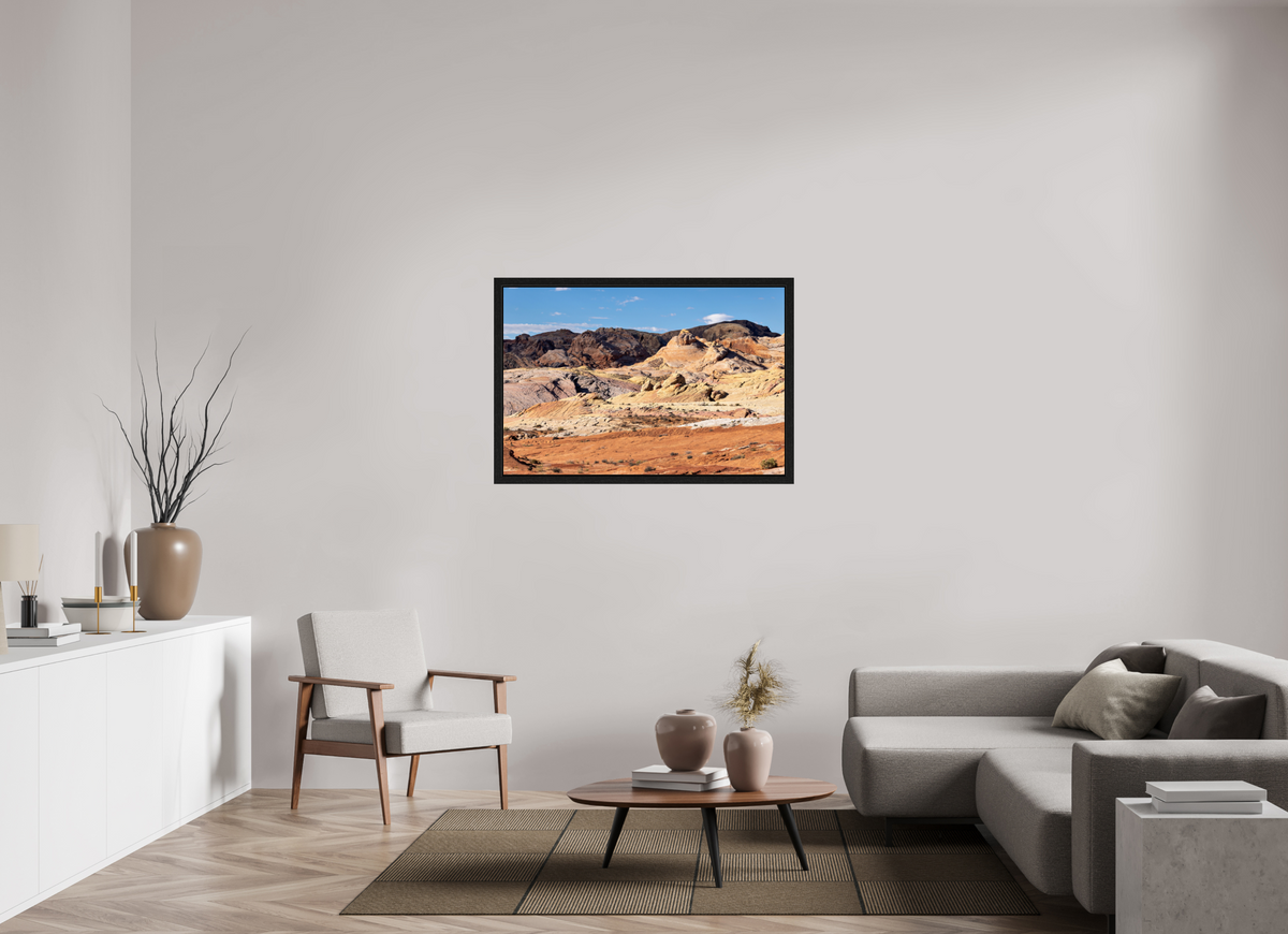 45 x 30″, Black Oak Wooden Flame under Acrylic Glass Sandstone Formation at Fire Wave Trail