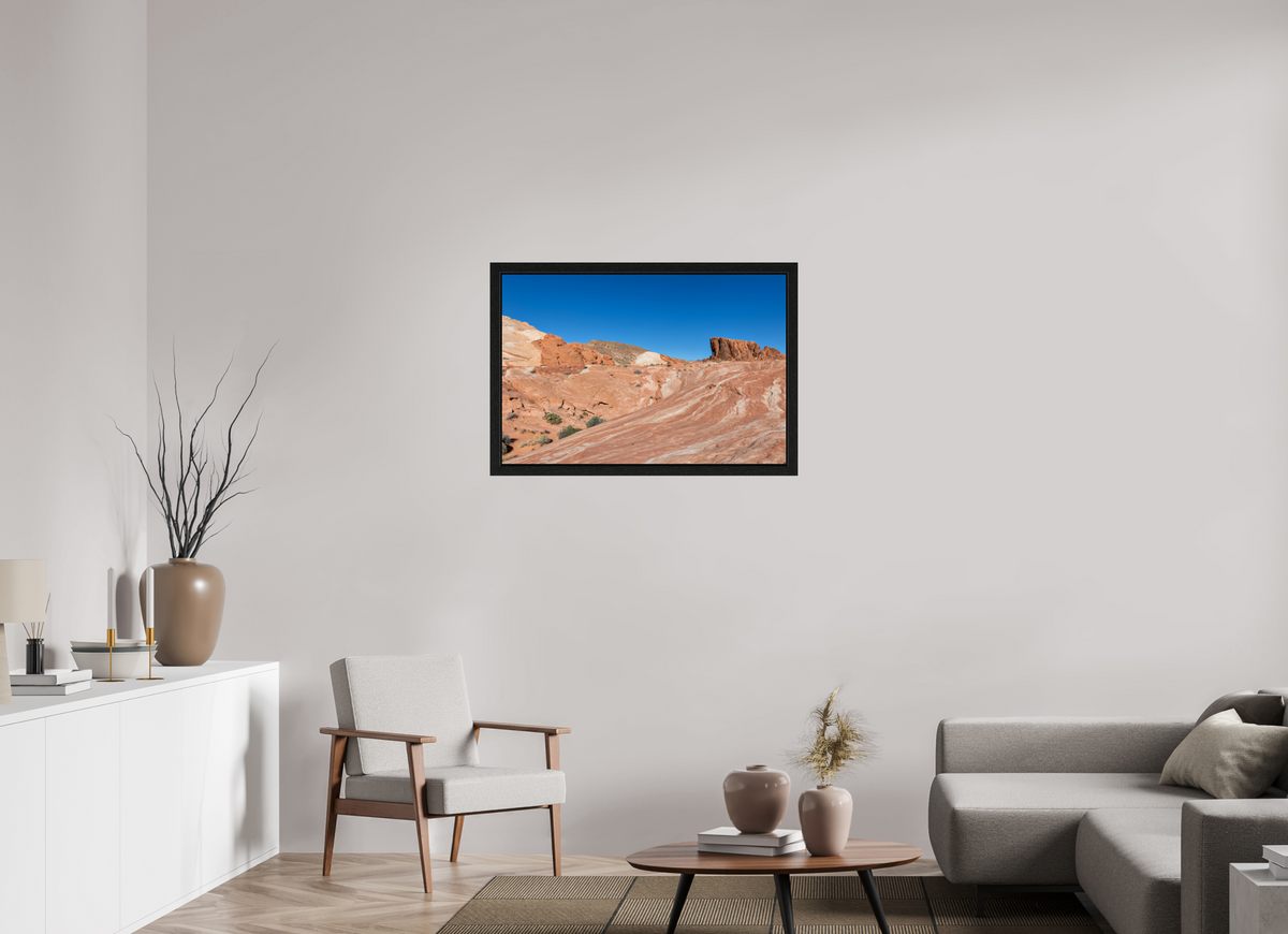 36 x 24″, Black Oak Wooden Flame under Acrylic Glass Sandstone Formation at Fire Wave Trail