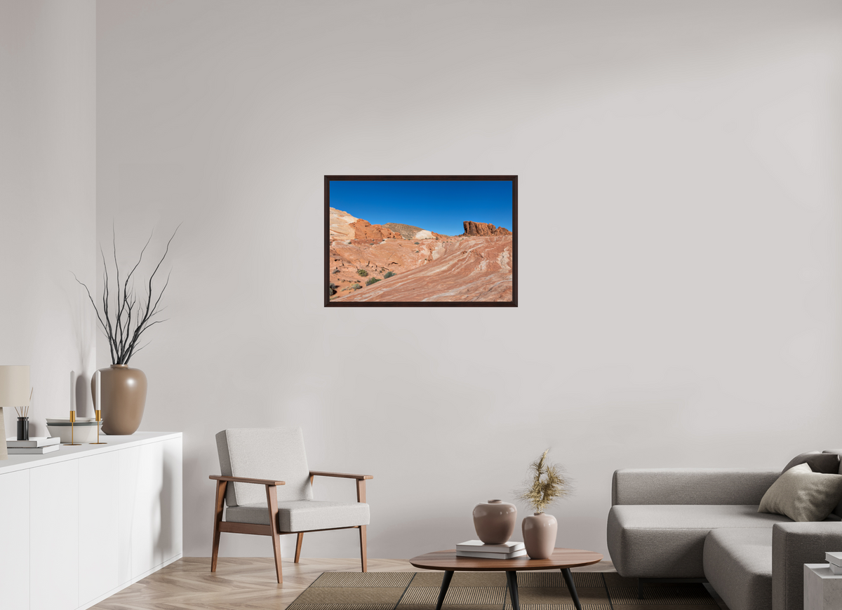 36 x 24″, Dark Brown Wooden Flame under Acrylic glass Sandstone Formation at Fire Wave Trail