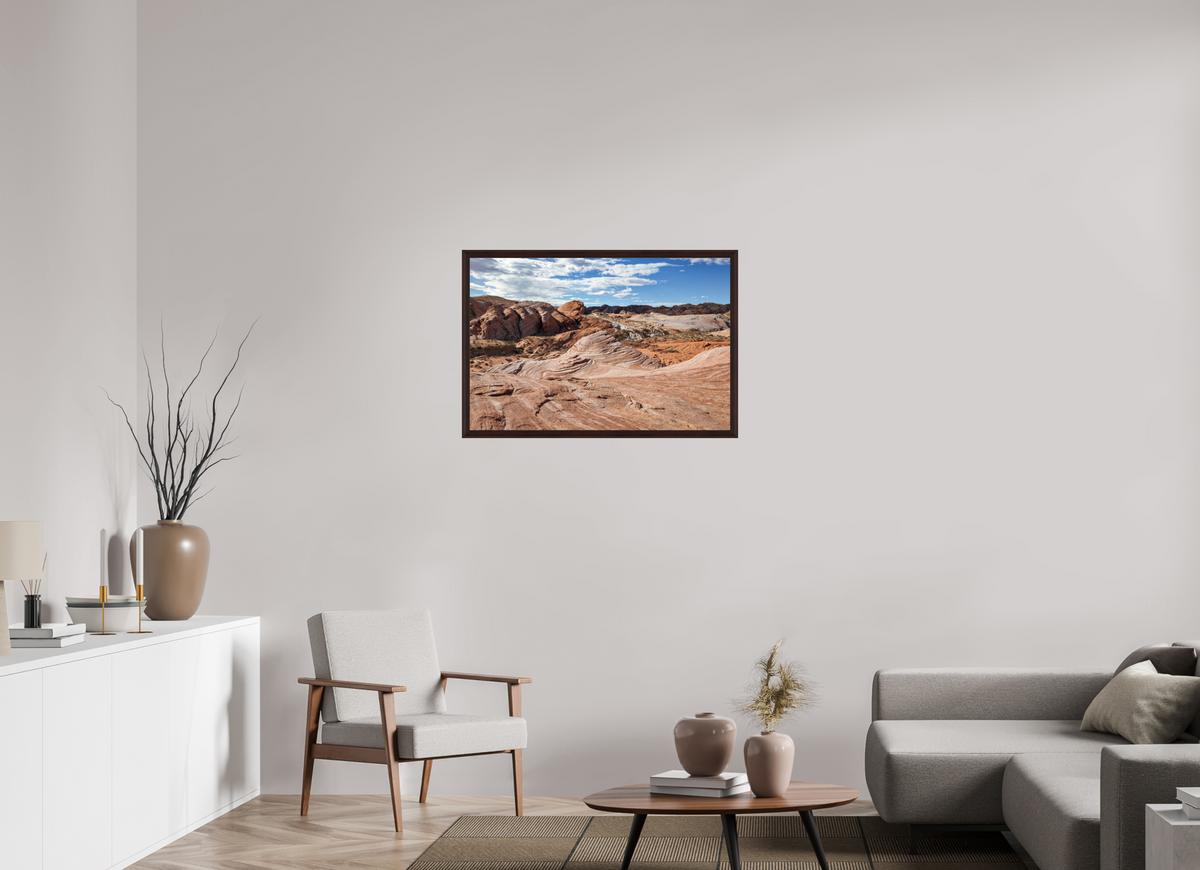 36 x 24″, Dark Brown Wooden Flame under Acrylic glass Sandstone Formation at Fire Wave Trail