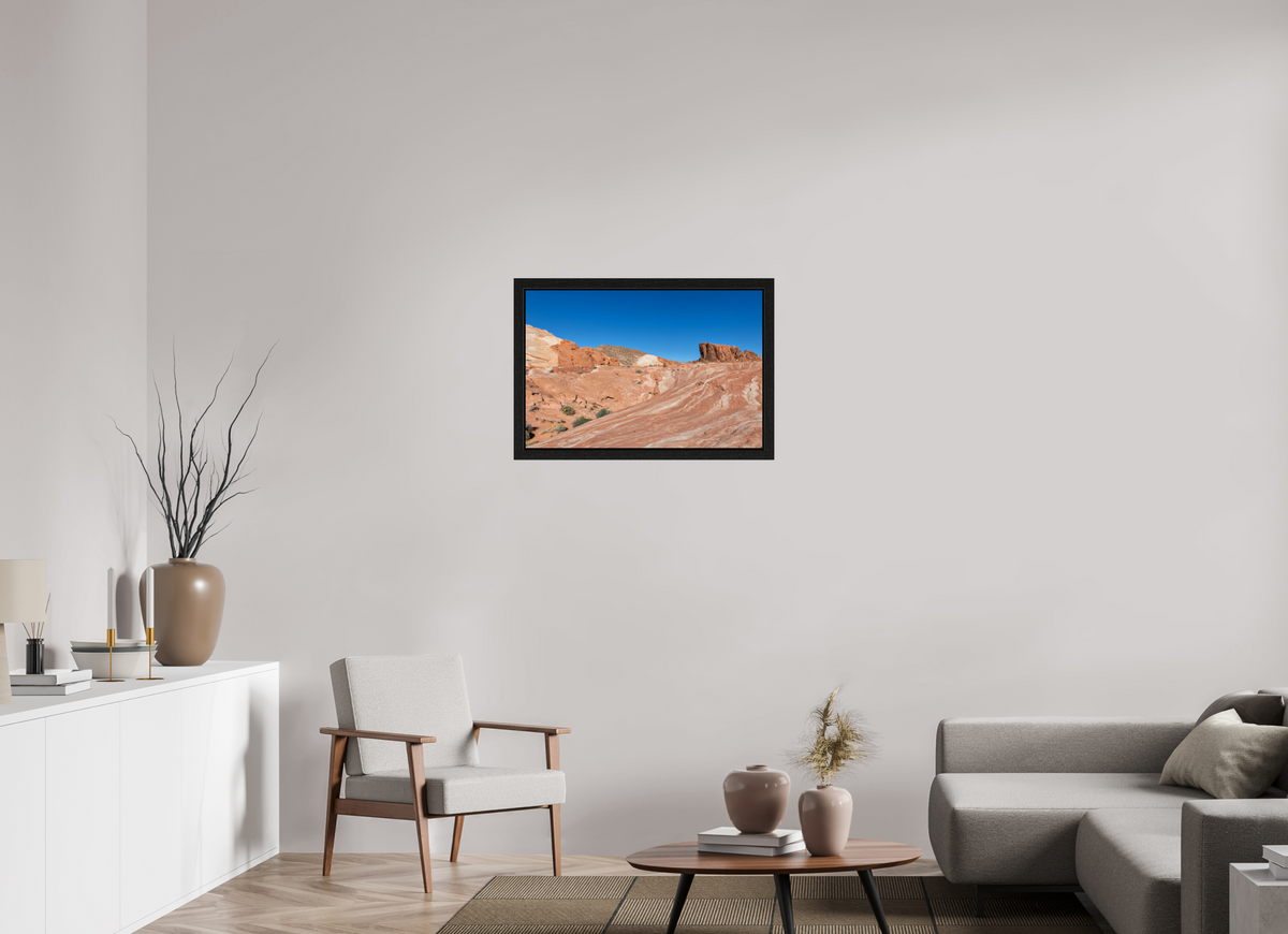 30 x 20″, Black Oak Wooden Flame under Acrylic Glass Sandstone Formation at Fire Wave Trail