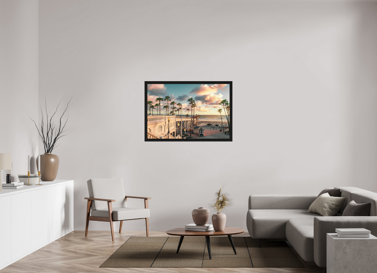45 x 30″, Black Oak Wooden Flame under Acrylic Glass Beautiful Clouds at the Oceanside Pier