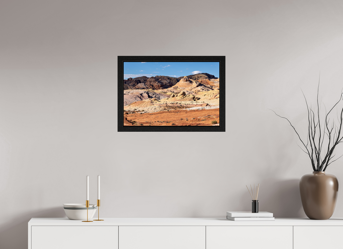 24 x 16″, Black Oak Wooden Flame under Acrylic Glass Sandstone Formation at Fire Wave Trail