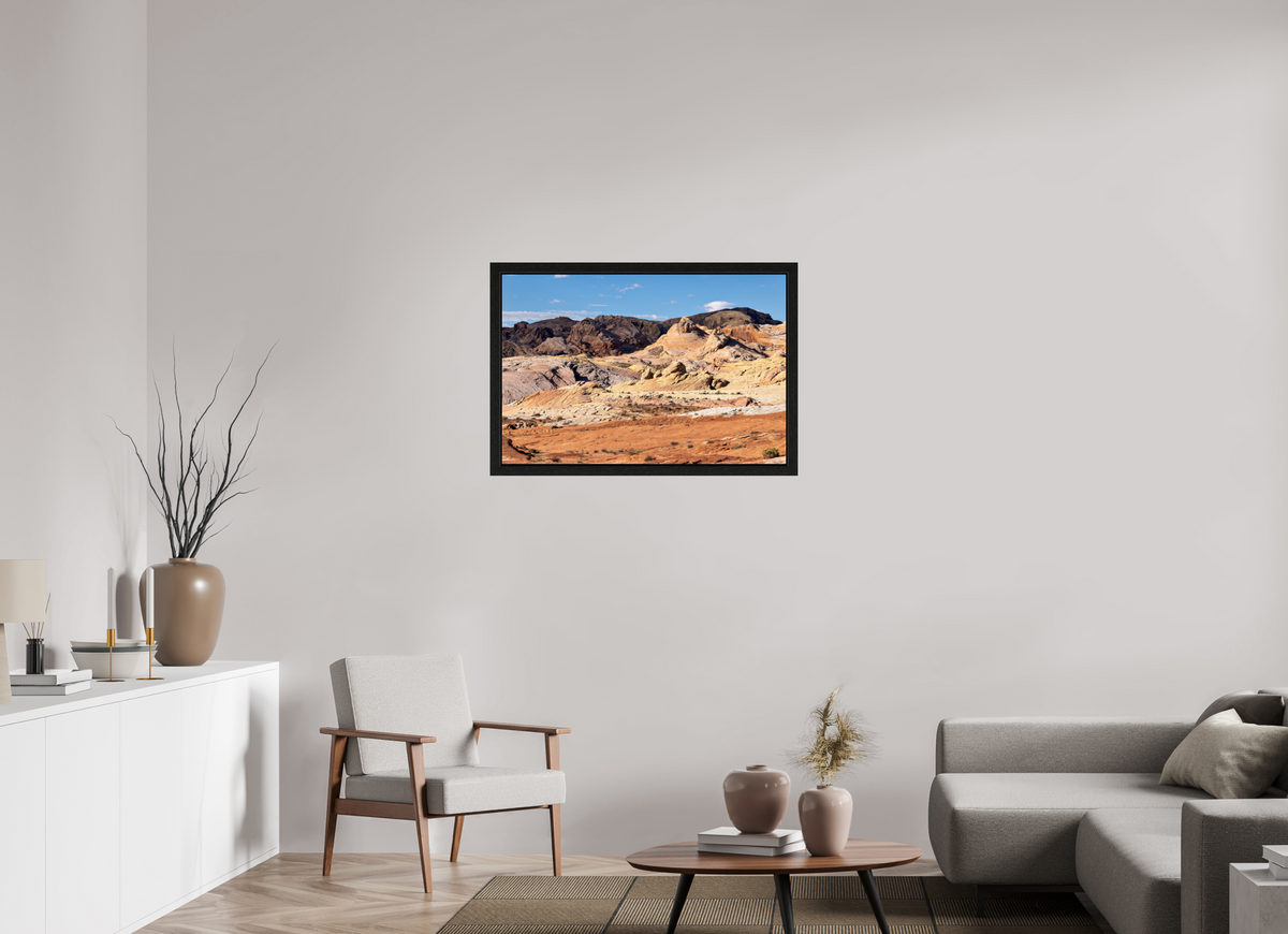 36 x 24″, Black Oak Wooden Flame under Acrylic Glass Sandstone Formation at Fire Wave Trail
