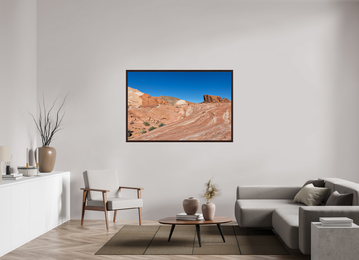 60 x 40″, Dark Brown Wooden Flame under Acrylic glass Sandstone Formation at Fire Wave Trail